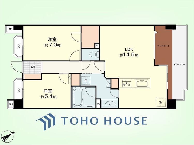 間取り 2LDK　専有面積63.56平米、バルコニー面積10.74平米