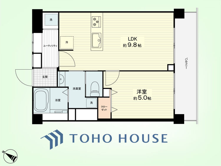 間取り 1LDK+ユーティリティ　専有面積37.63平米、バルコニー面積5.77平米