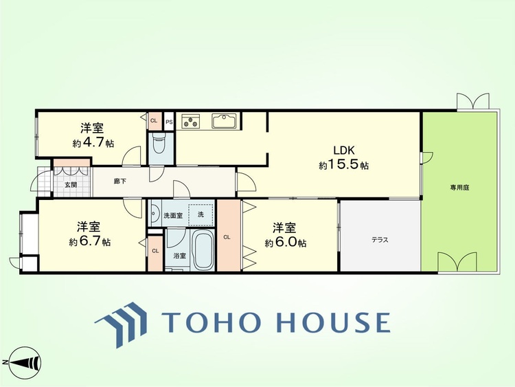 間取り 3LDK　専有面積75.04平米、バルコニー面積7.56平米、専用庭18.81平米