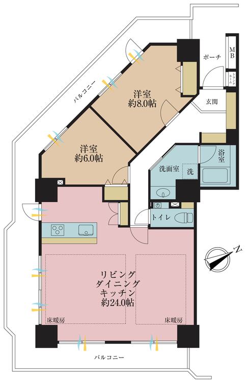 間取り ２ＬＤＫ、専有面積８５．３４平米、バルコニー面積３１．５６平米