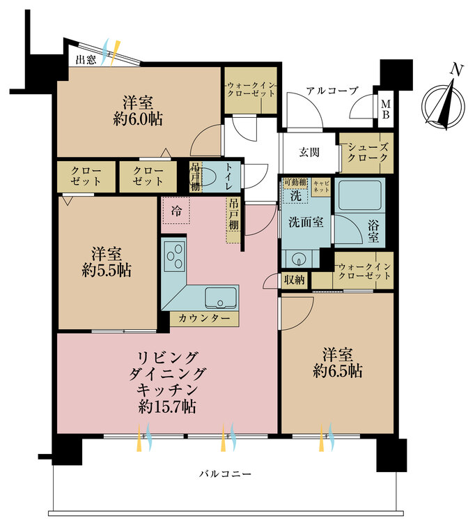 間取り ３ＬＤＫ、専有面積７５．０１平米、バルコニー面積１７平米