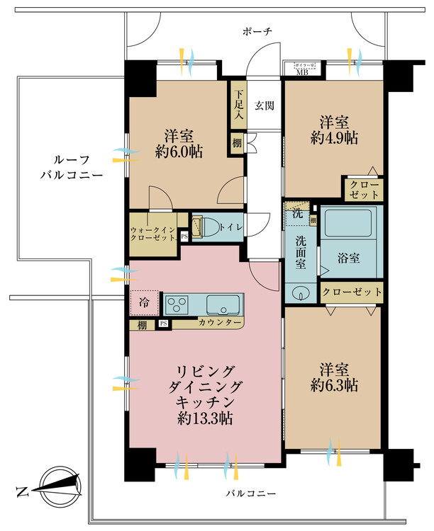 間取り ３ＬＤＫ、専有面積６６．４２平米、バルコニー面積１５．９９平米、ルーフバルコニー面積１４．１２平米