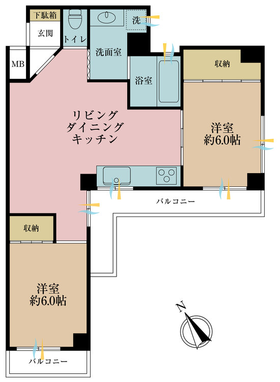 間取り 2LDK、専有面積57.74平米、バルコニー面積9.4平米