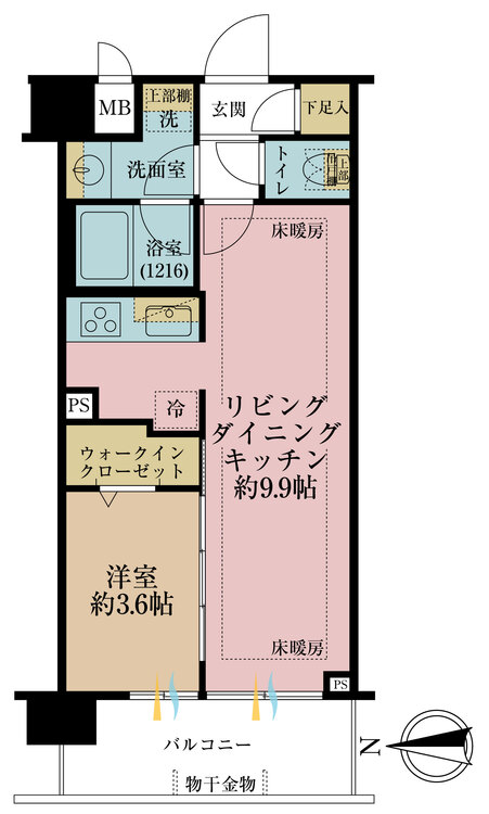 間取り １ＬＤＫ、専有面積３７．７２平米、バルコニー面積６．５６平米