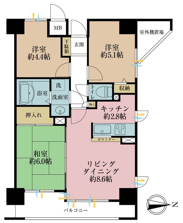 間取り ３ＬＤＫ、専有面積５７．７１平米、バルコニー面積７．０７平米