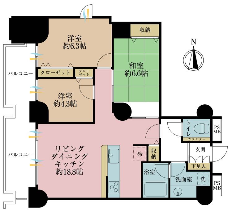 間取り ３ＬＤＫ、専有面積８３．５平米、バルコニー面積１４．２５平米