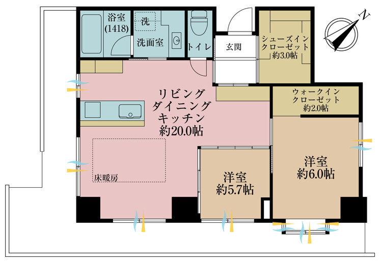 間取り １ＬＤＫ、専有面積６４．０２平米、専用庭面積１８．２４平米