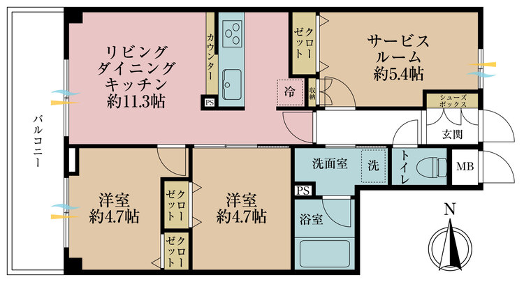 間取り ２ＳＬＤＫ、専有面積５７．７平米、バルコニー面積７．６８平米