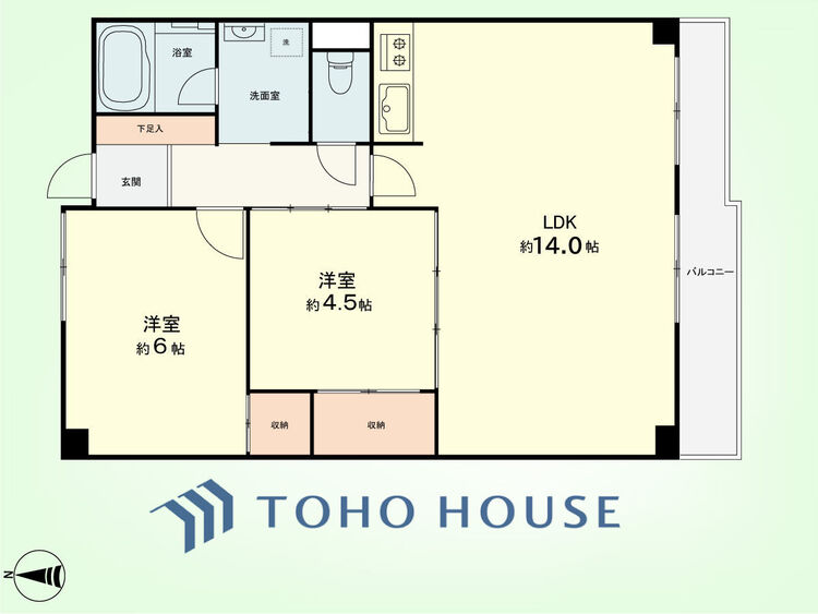 間取り 2LDK　専有面積57.48平米、バルコニー面積7.78平米