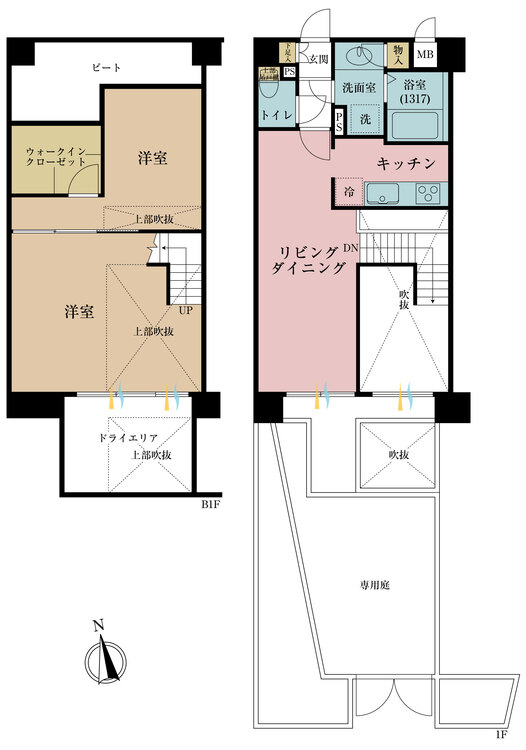 間取り ２ＬＤＫ、専有面積６５．８３平米、バルコニー面積８．１２平米