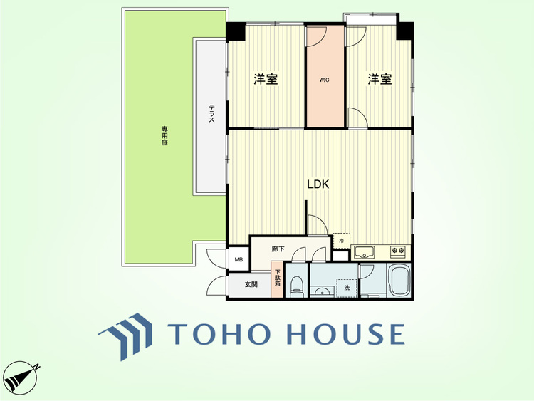 間取り 2LDK　専有面積61.12平米、バルコニー面積6.66平米、専用庭面積19.34平米