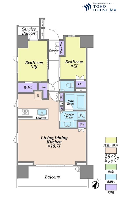 間取り ３ＬＤＫ、専有面積６５．２２平米、バルコニー面積１１．７５平米