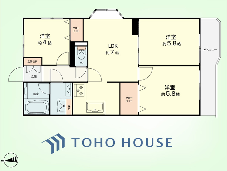 間取り 3DK　専有面積55.03平米、バルコニー面積6.32平米