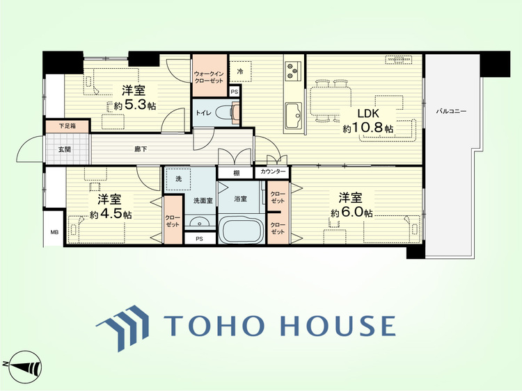 間取り 3LDK　専有面積63.04平米、バルコニー面積8.94平米