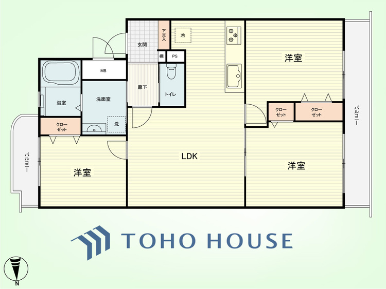間取り 3LDK　専有面積65.18平米、バルコニー面積9.02平米
