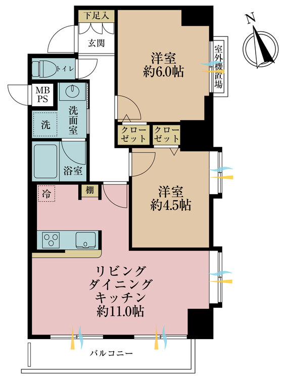間取り ２ＬＤＫ、専有面積５６．０６平米、バルコニー面積６．０６平米