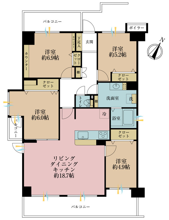 間取り ４ＬＤＫ、専有面積９２．８９平米、バルコニー面積１９．５５平米