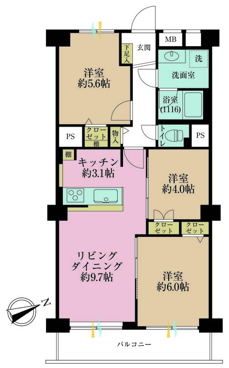 その他 3LDK、専有面積61.05m2、バルコニー面積7.15m2