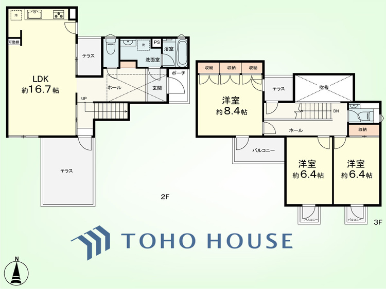 間取り 3LDK　専有面積97.41平米、バルコニー面積6.15平米、テラス面積13.99平米