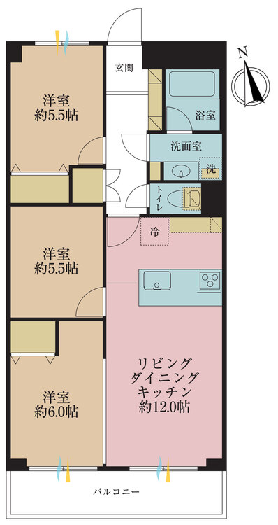 間取り 3LDK、専有面積64.93?、バルコニー面積10.02?