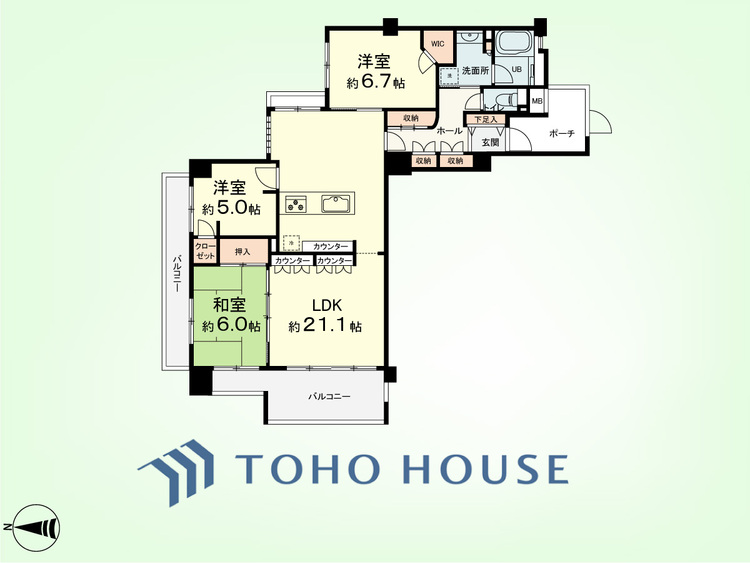 間取り 3LDK　専有面積84.98平米、バルコニー面積17.35平米