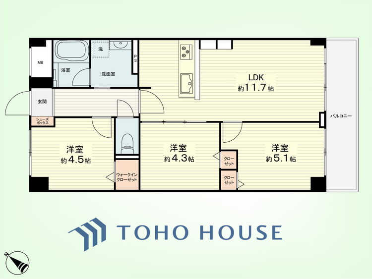 間取り 3LDK　専有面積57.75平米、バルコニー面積5.50平米