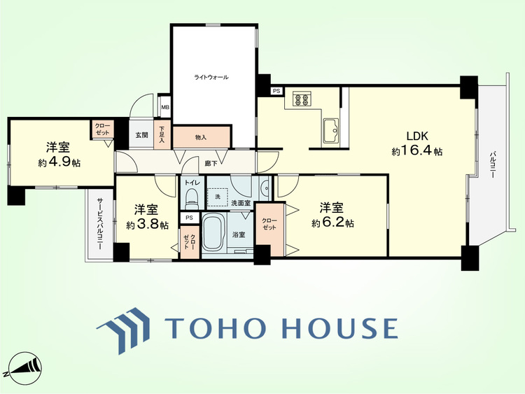 間取り 3LDK　専有面積74.28平米、バルコニー面積8.32平米