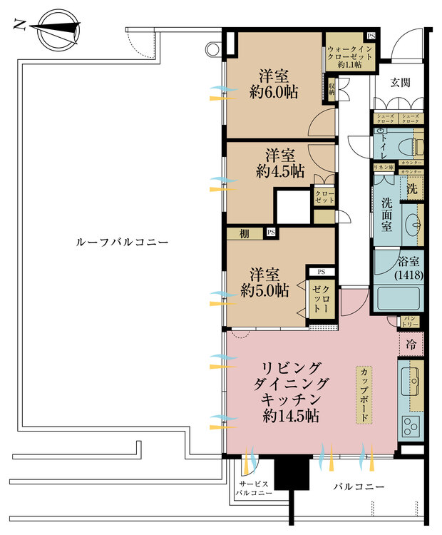 間取り ３ＬＤＫ、専有面積７１．９平米、バルコニー面積７．０２平米