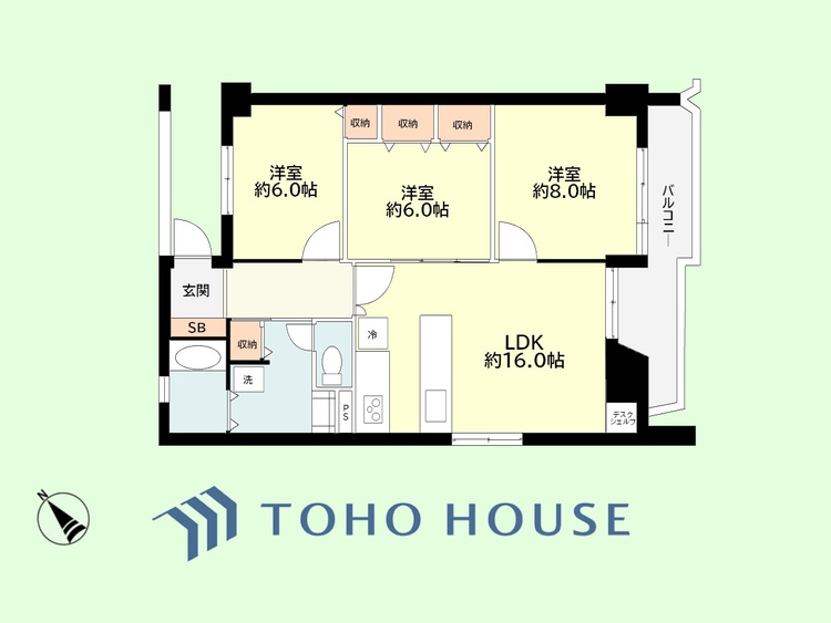 間取り 3LDK　専有面積76.64平米、バルコニー面積7.64平米
