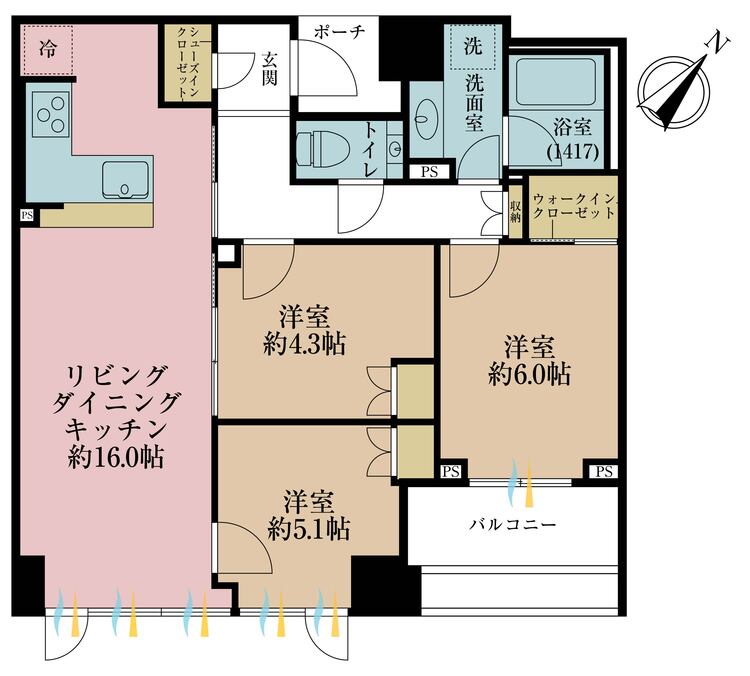 間取り 3LDK、専有面積72.57?、バルコニー面積6.2?