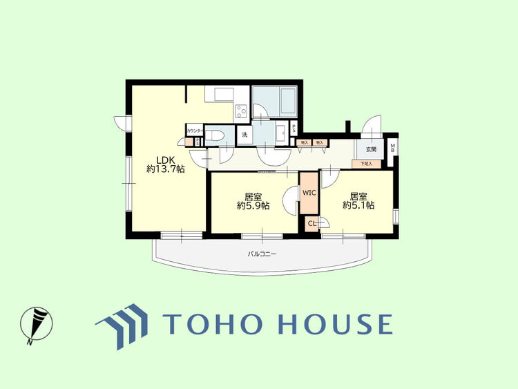 間取り 2LDK　専有面積57.71平米、バルコニー面積11.29平米