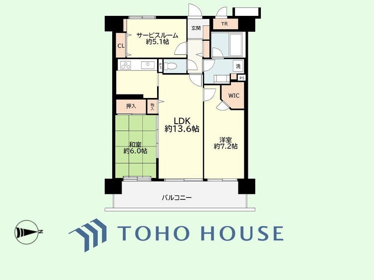 間取り 2SLDK+TR　専有面積72.38平米、バルコニー面積13.09平米