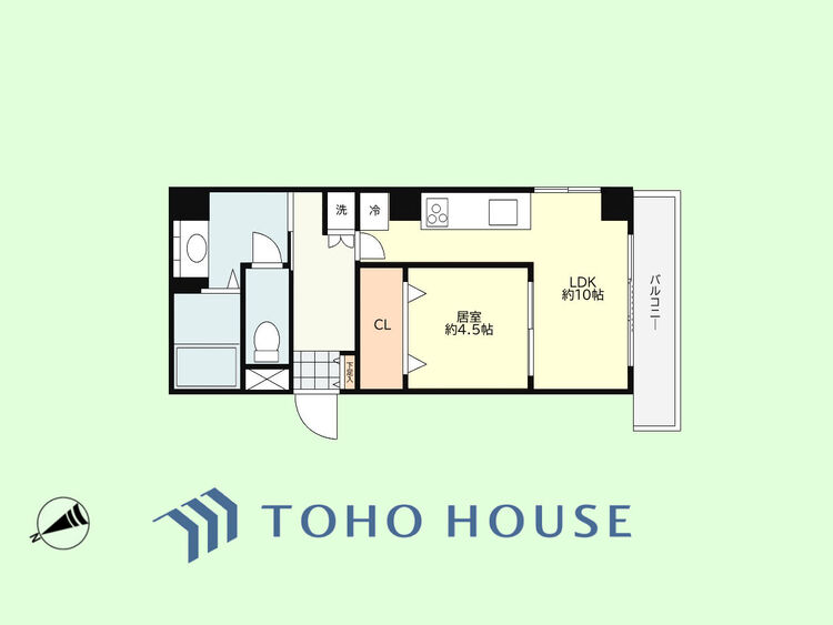 間取り 1LDK　専有面積38.88平米、バルコニー面積4.97平米