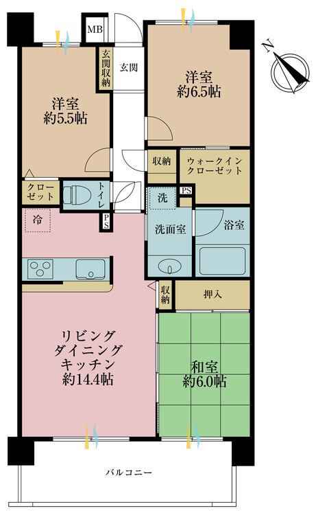 間取り ３ＬＤＫ、専有面積７３．０６平米、バルコニー面積１０．７８平米