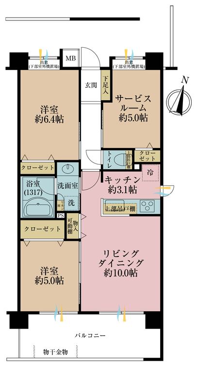 間取り ２ＳＬＤＫ、専有面積６４．０４平米、バルコニー面積１２．２０平米