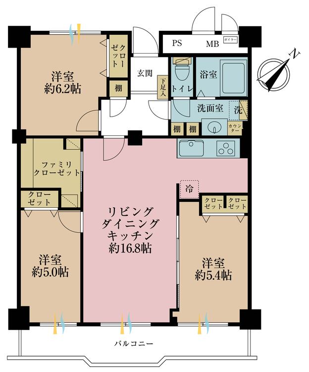 間取り ３ＬＤＫ、専有面積７５．６２平米、バルコニー面積９．２５平米