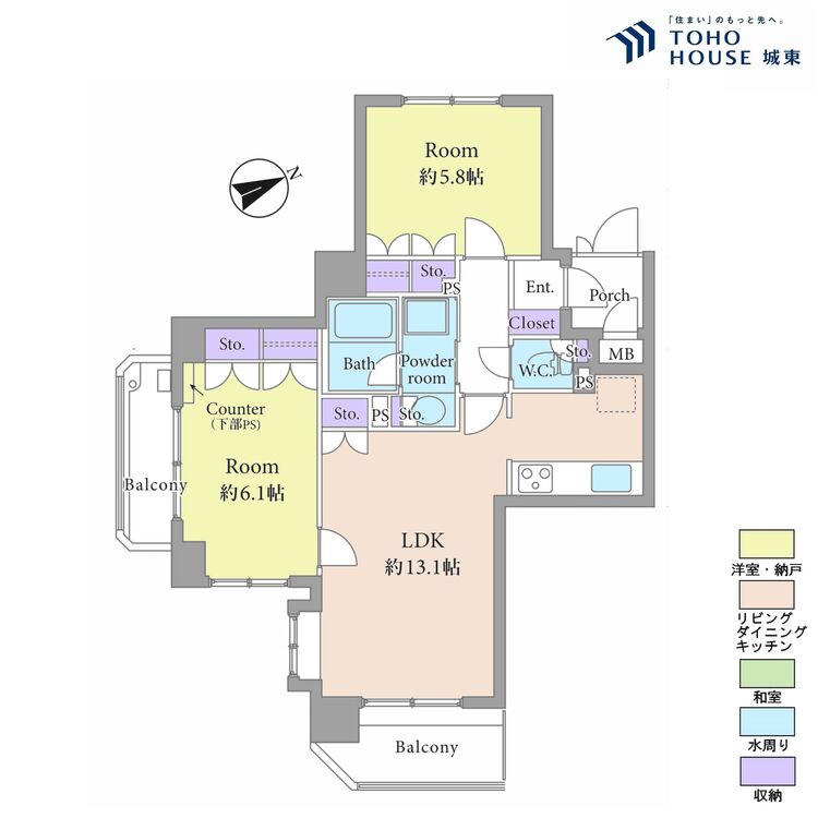 間取り ２ＬＤＫ、専有面積５６．５平米、バルコニー面積７．９８平米