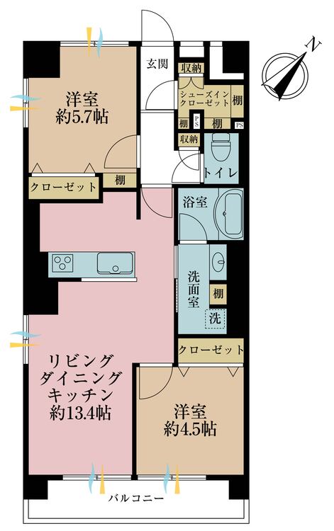 間取り ３ＬＤＫ、専有面積５７．２５平米、バルコニー面積７．７平米