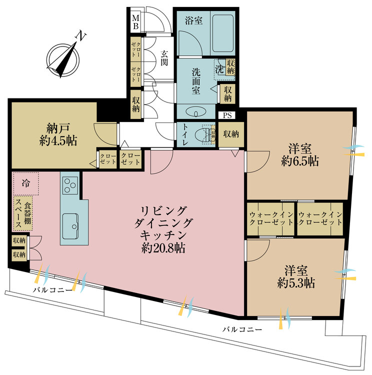 間取り 2LDK+S（納戸）、専有面積84.1m2、バルコニー面積10.26m2