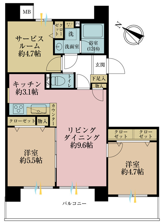 間取り 2LDK+S（納戸）、専有面積60.48m2、バルコニー面積12.86m2