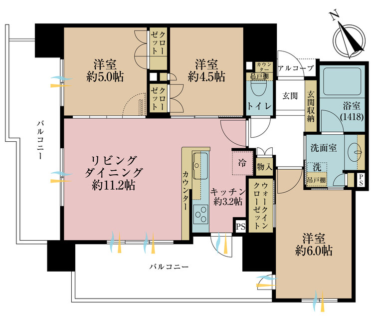 間取り ３ＬＤＫ、専有面積６６．１９平米、バルコニー面積２２．８２平米