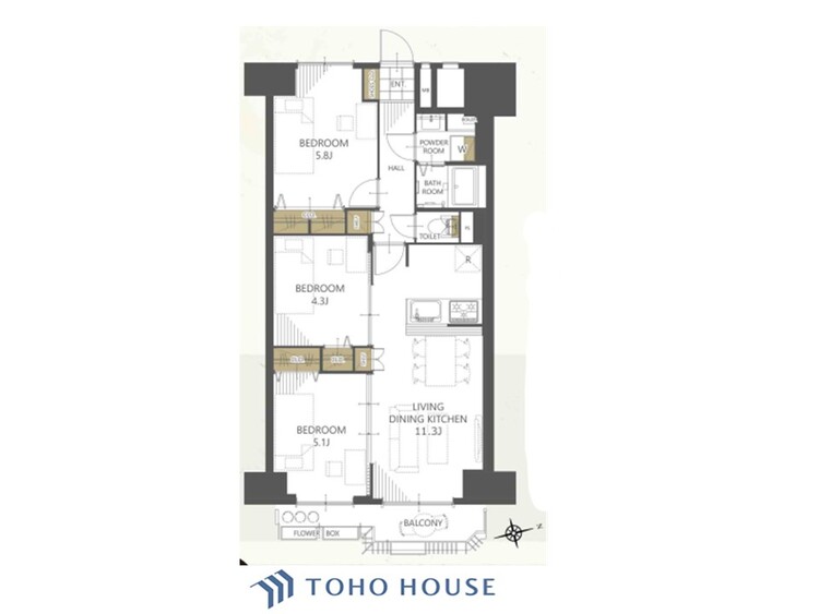 間取り 【house the light is illuminat】採光と風　家事導線も比較的良好で、風通しの良さで過ごしやすい麗(うら)らかな気分にさせてくれるリビング
