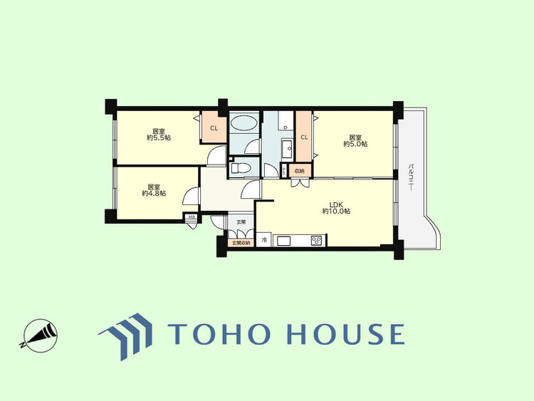 間取り 3LDK　専有面積61.48平米、バルコニー面積7.41平米