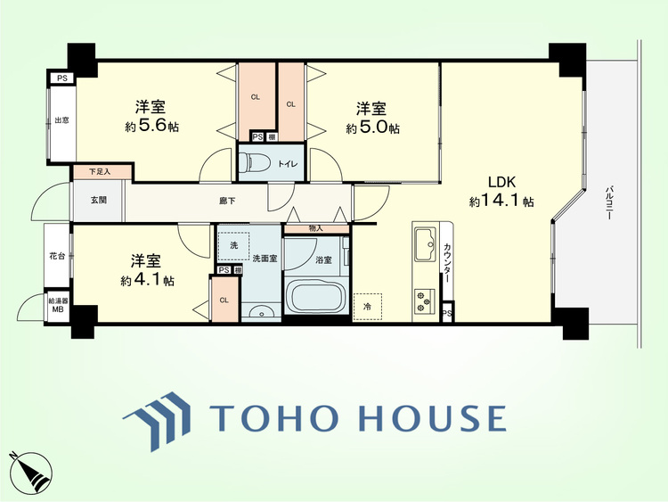 間取り 3LDK　専有面積65.95平米、バルコニー面積9.08平米