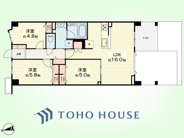 間取り 3LDK　専有面積71.60平米、テラス面積5.22平米、プライベートガーデン6.86平米、オープンエアリビング面積11.52平米