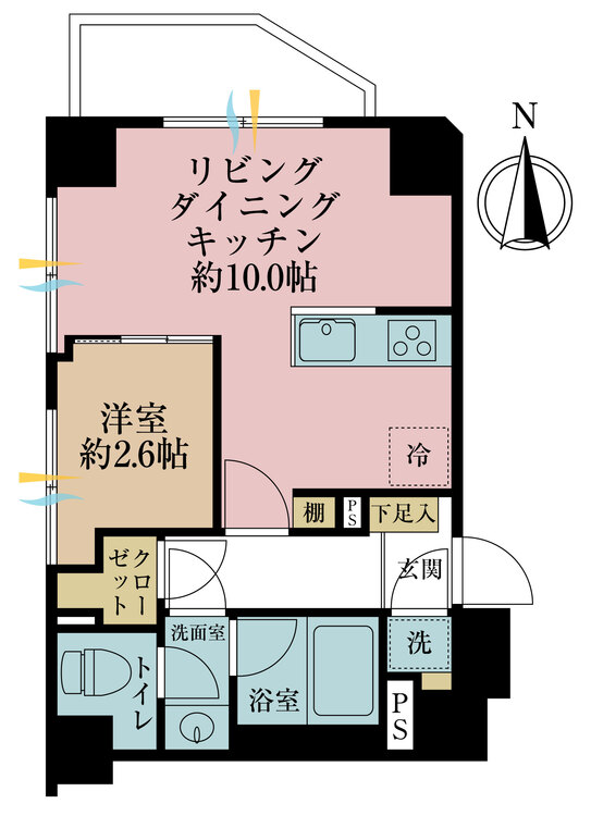 間取り １ＬＤＫ、専有面積３４．７４平米、バルコニー面積３．５３平米