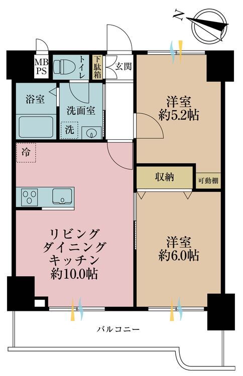 間取り ２ＬＤＫ、専有面積４９．２８平米、バルコニー面積７．５６平米