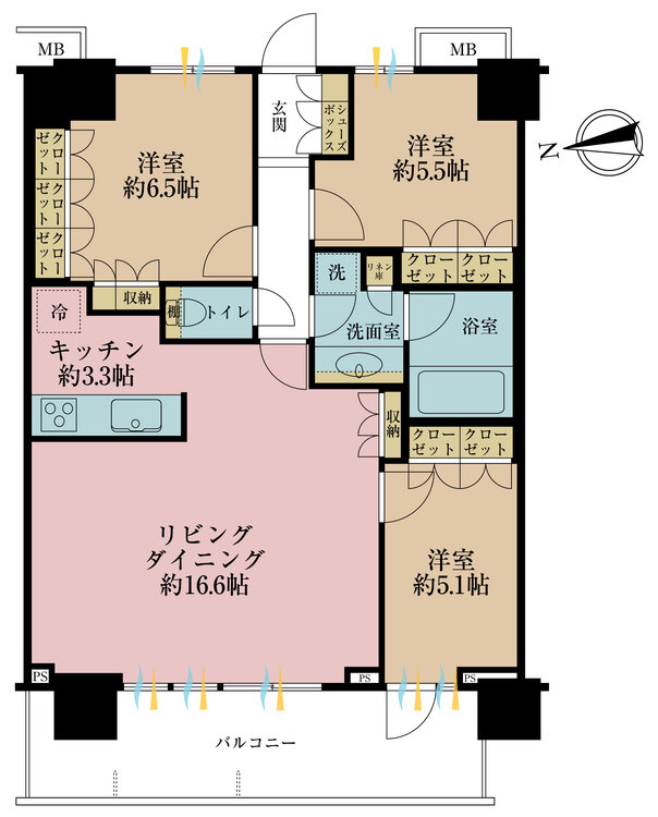 間取り 3LDK、専有面積80.8?、バルコニー面積13.67?