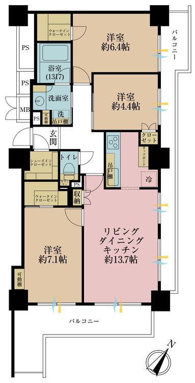 間取り ３ＬＤＫ、専有面積７３．９２平米、バルコニー面積２１．２８平米