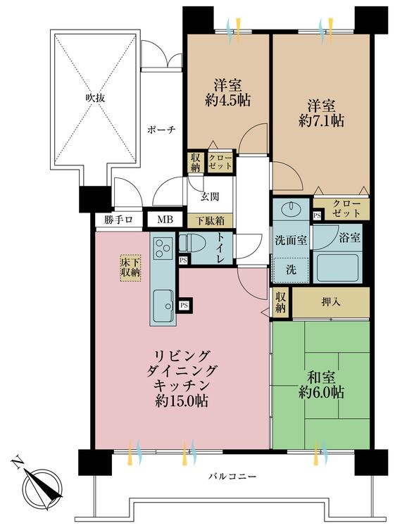 間取り ３ＬＤＫ、専有面積６８．０５平米、バルコニー面積１１．６５平米